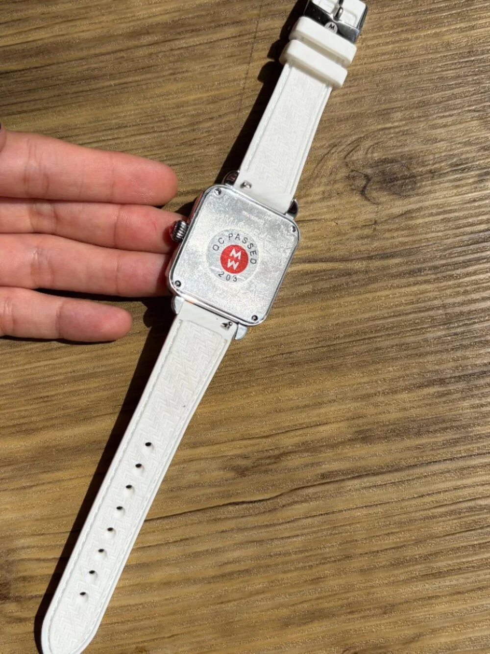 Authentic White and gold michele deco sport watch with white band need battery